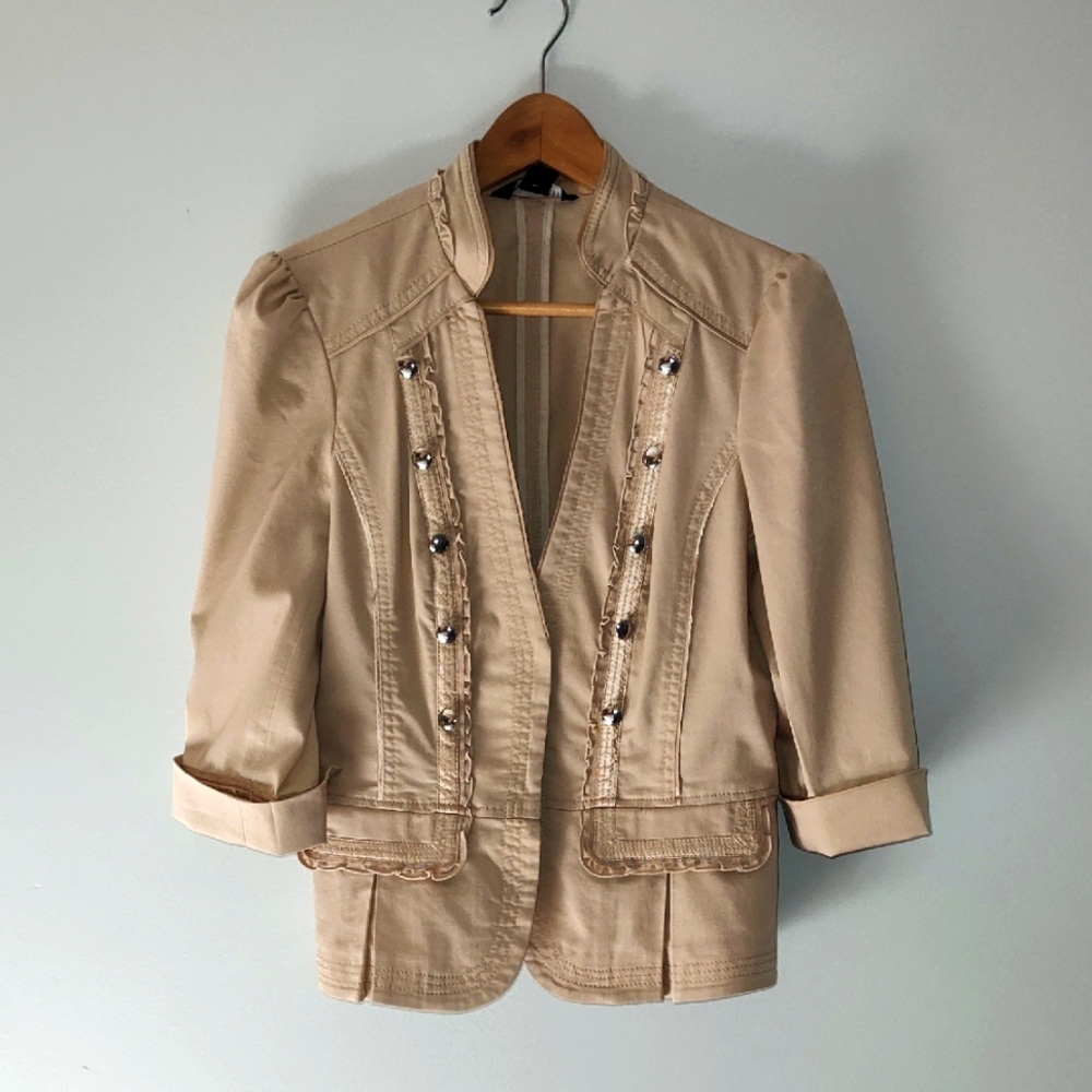 White House Black Market Jacket Size 8 Tan Cotton Military Detailing Fall Winter